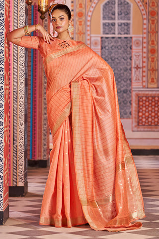Redolent Orange Linen Cotton Silk Saree With Vestigial Blouse Piece Bvipul