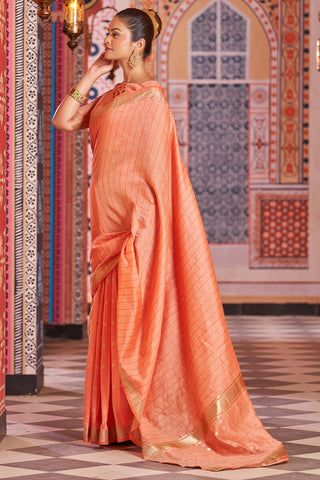 Redolent Orange Linen Cotton Silk Saree With Vestigial Blouse Piece Bvipul