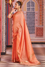 Load image into Gallery viewer, Redolent Orange Linen Cotton Silk Saree With Vestigial Blouse Piece Bvipul