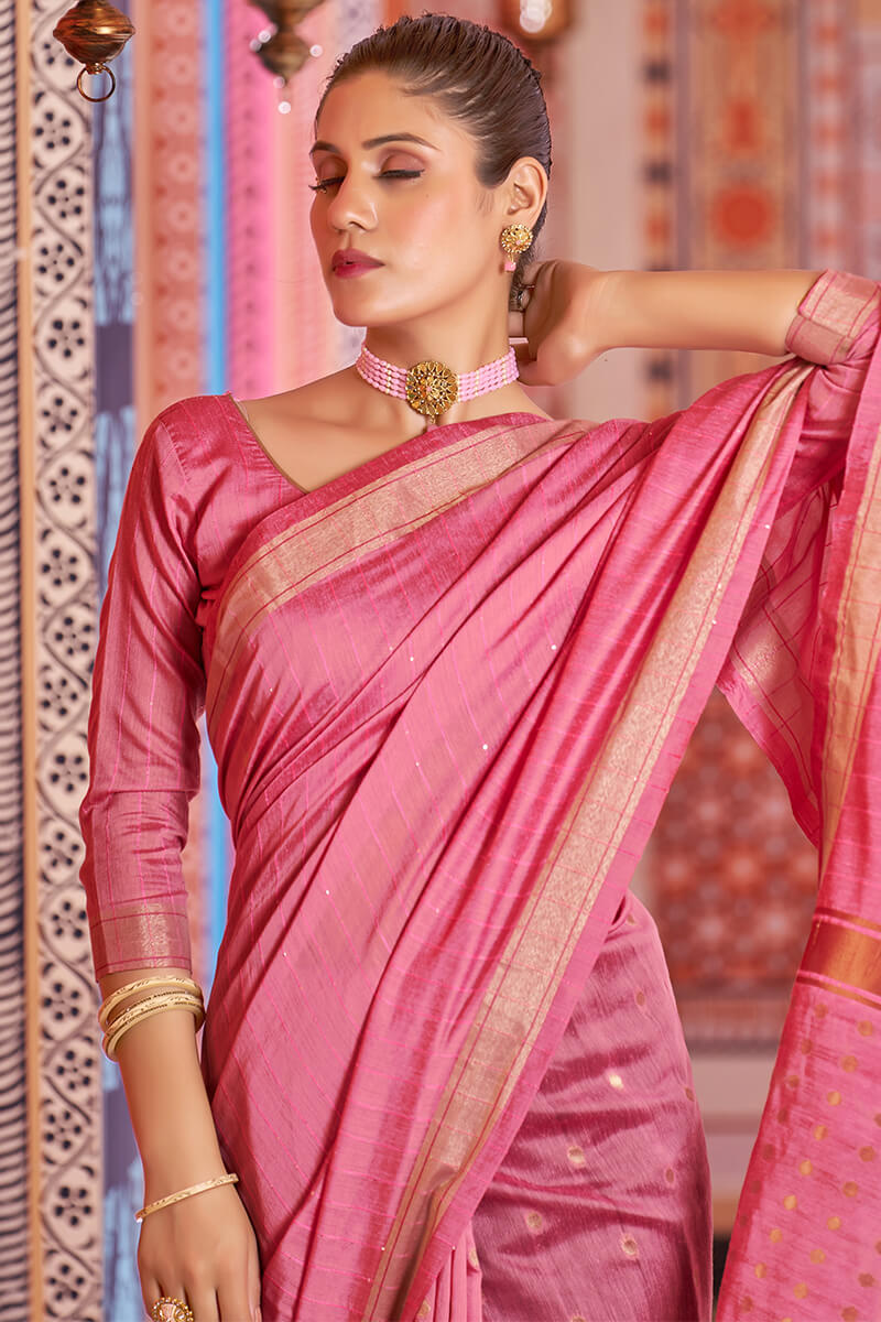 Sempiternal Pink Linen Cotton Silk Saree With Denouement Blouse Piece Secondary image