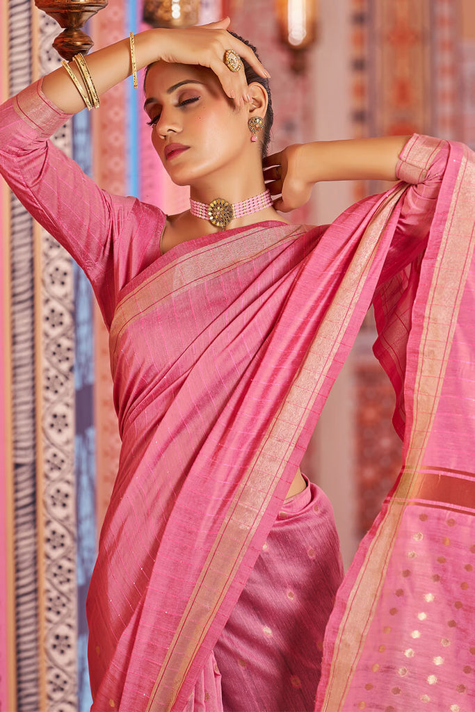 Sempiternal Pink Linen Cotton Silk Saree With Denouement Blouse Piece Bvipul