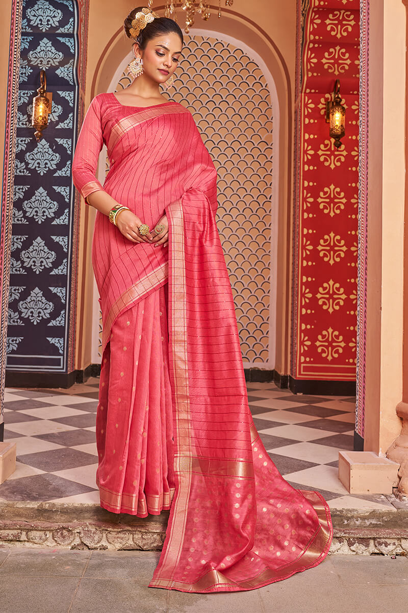 Symmetrical Tomato Linen Cotton Silk Saree With Scrumptious Blouse Piece Bvipul