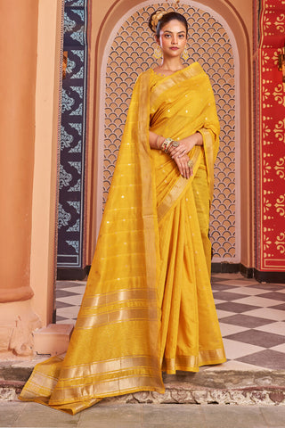 Fantabulous Yellow Linen Cotton Silk Saree With Luxuriant Blouse Piece Bvipul