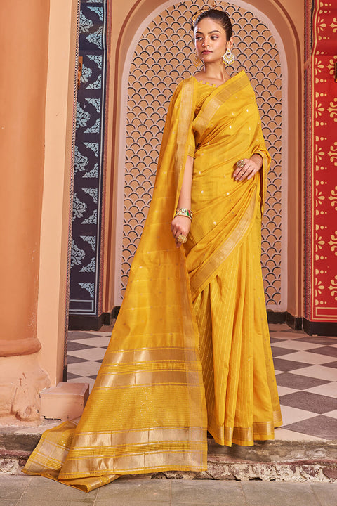 Fantabulous Yellow Linen Cotton Silk Saree With Luxuriant Blouse Piece Bvipul Main image