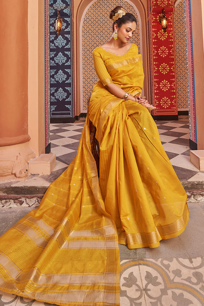 Fantabulous Yellow Linen Cotton Silk Saree With Luxuriant Blouse Piece Bvipul