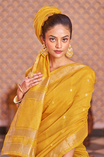 Fantabulous Yellow Linen Cotton Silk Saree With Luxuriant Blouse Piece Bvipul