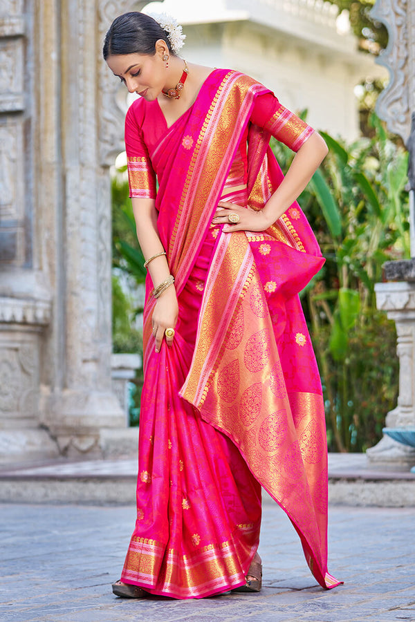 Appealing Dark Pink Kanjivaram Silk Saree With Ideal Blouse Piece Bvipul