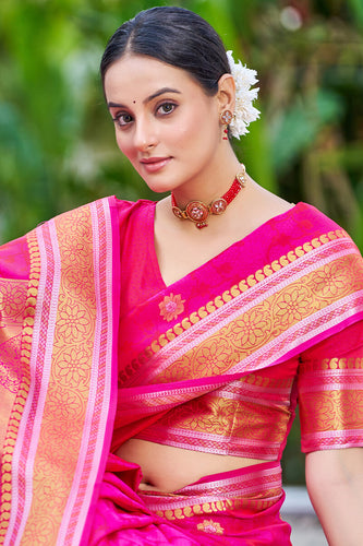 Appealing Dark Pink Kanjivaram Silk Saree With Ideal Blouse Piece Bvipul