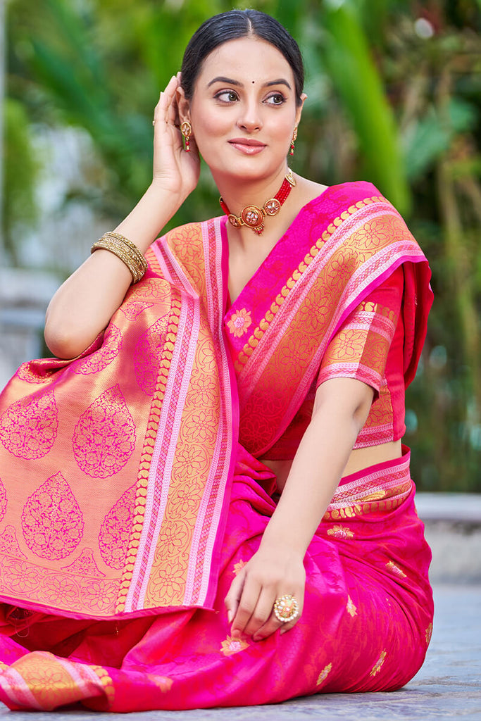 Appealing Dark Pink Kanjivaram Silk Saree With Ideal Blouse Piece Bvipul