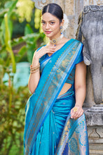 Load image into Gallery viewer, Blooming Firozi Kanjivaram Silk Saree With Traditional Blouse Piece Bvipul