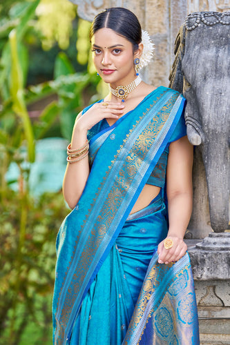 Blooming Firozi Kanjivaram Silk Saree With Traditional Blouse Piece Bvipul