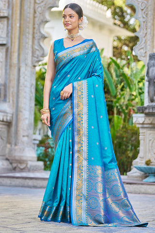 Blooming Firozi Kanjivaram Silk Saree With Traditional Blouse Piece Bvipul
