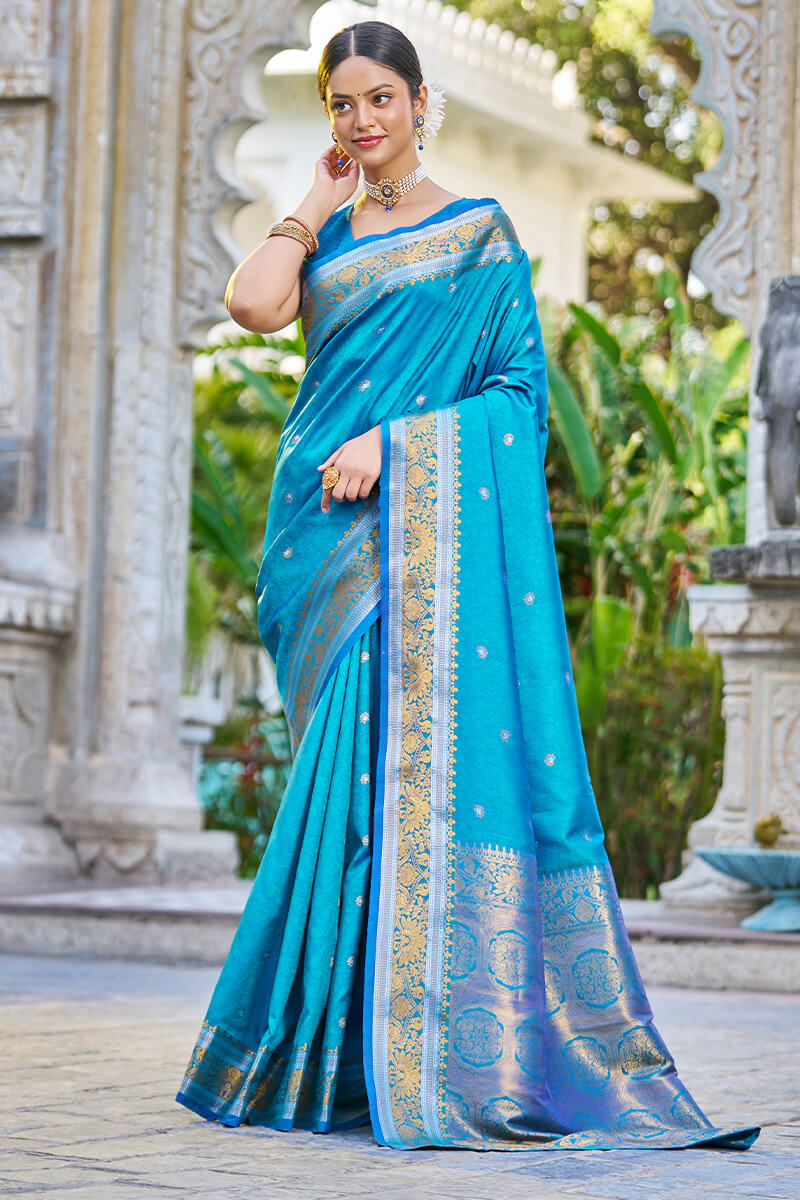 Blooming Firozi Kanjivaram Silk Saree With Traditional Blouse Piece Bvipul