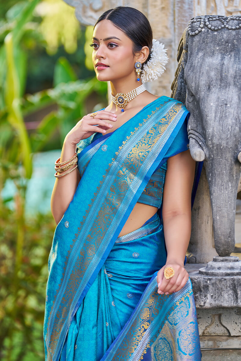 Blooming Firozi Kanjivaram Silk Saree With Traditional Blouse Piece Bvipul