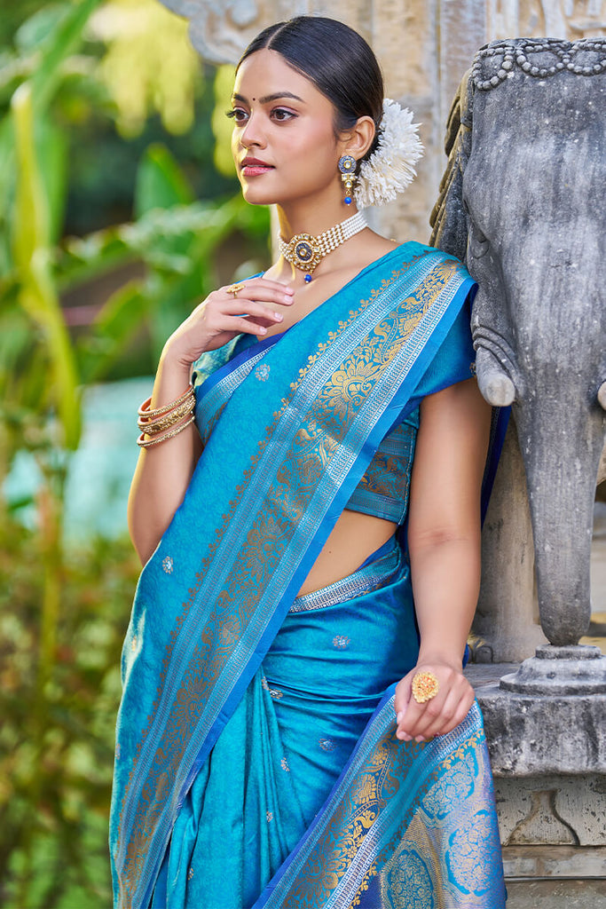 Firozi silk jacquard woven saree with blouse - Lilots - 4188446