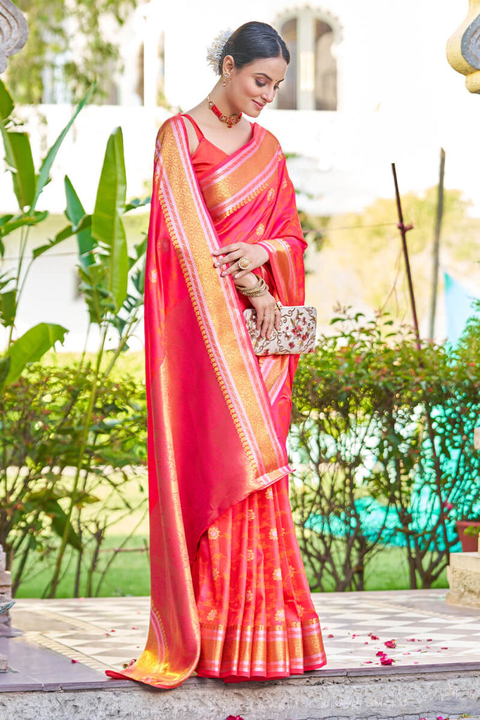 Stylish Pink Kanjivaram Silk Saree With Chatoyant Blouse Piece Bvipul