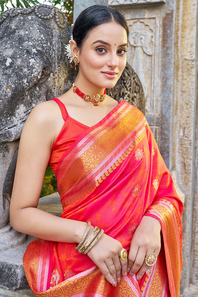 Stylish Pink Kanjivaram Silk Saree With Chatoyant Blouse Piece Bvipul