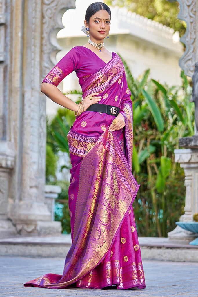 Engrossing Purple Kanjivaram Silk Saree With Epiphany Blouse Piece Bvipul