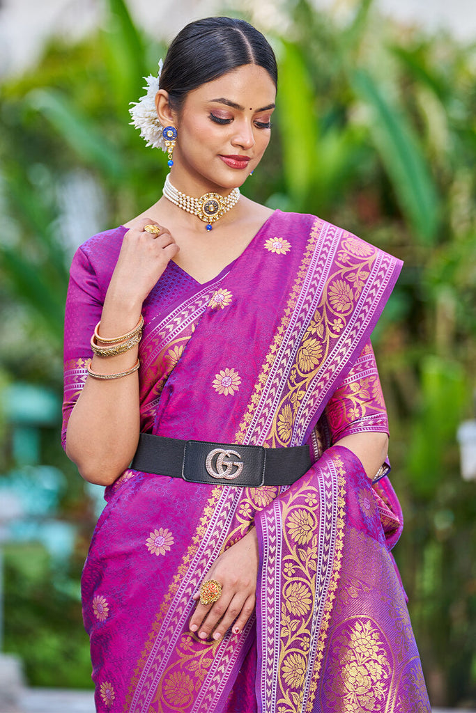 Engrossing Purple Kanjivaram Silk Saree With Epiphany Blouse Piece Bvipul