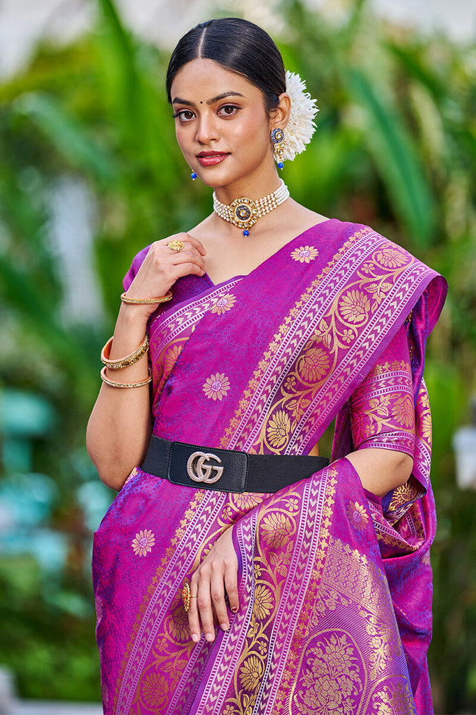 Engrossing Purple Kanjivaram Silk Saree With Epiphany Blouse Piece Bvipul