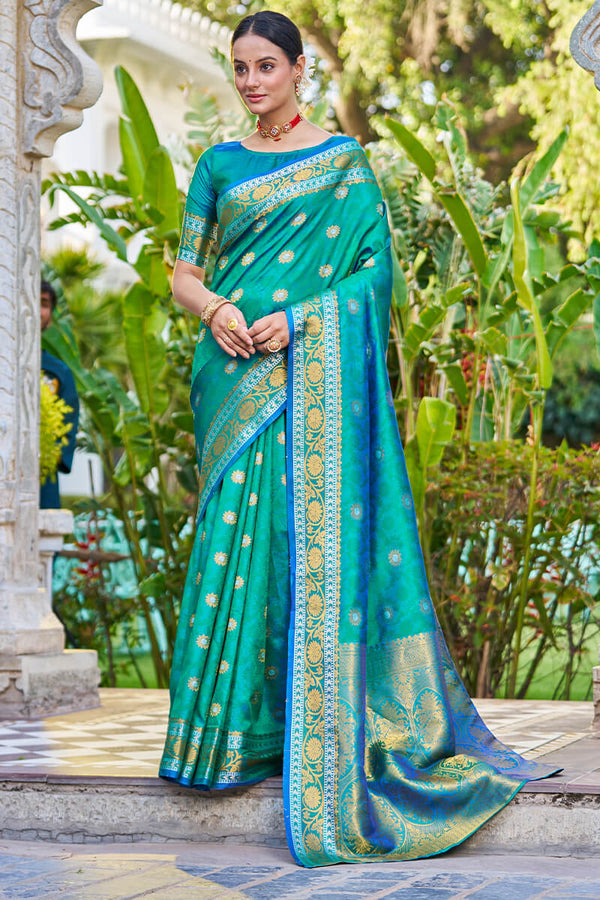 Arresting Rama Kanjivaram Silk Saree With Palimpsest Blouse Piece Bvipul
