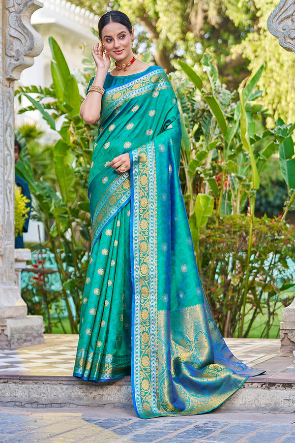 Arresting Rama Kanjivaram Silk Saree With Palimpsest Blouse Piece Bvipul