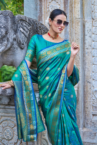 Arresting Rama Kanjivaram Silk Saree With Palimpsest Blouse Piece Bvipul