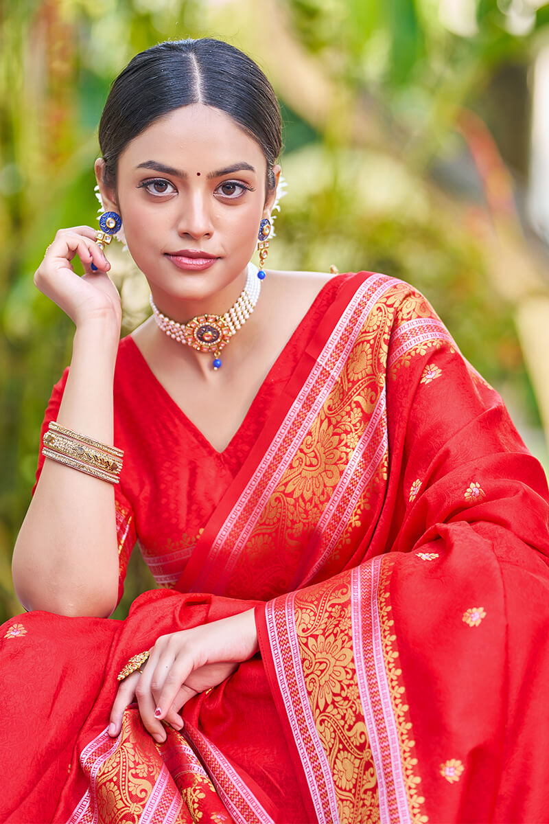 Ethnic Red Kanjivaram Silk Saree With Confounding Blouse Piece Bvipul