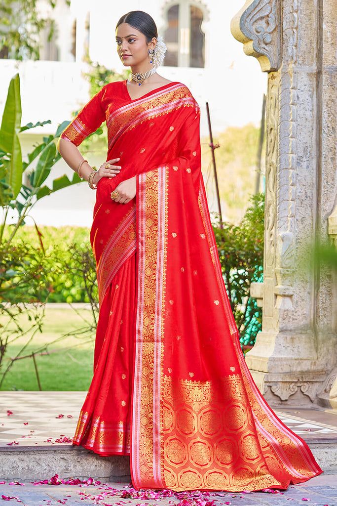 Ethnic Red Kanjivaram Silk Saree With Confounding Blouse Piece Bvipul