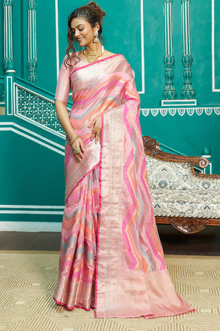 Glittering Baby Pink Organza Silk Saree With Radiant Blouse Piece Bvipul