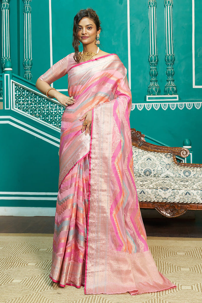 Glittering Baby Pink Organza Silk Saree With Radiant Blouse Piece Bvipul