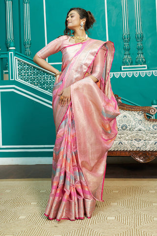 Glittering Baby Pink Organza Silk Saree With Radiant Blouse Piece Bvipul