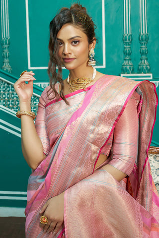 Glittering Baby Pink Organza Silk Saree With Radiant Blouse Piece Bvipul