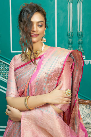Glittering Baby Pink Organza Silk Saree With Radiant Blouse Piece Bvipul