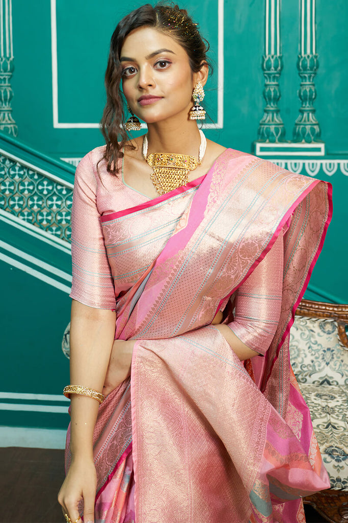 Glittering Baby Pink Organza Silk Saree With Radiant Blouse Piece Bvipul