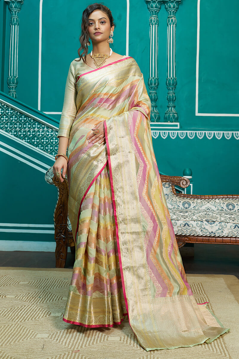 Splendorous Pista Organza Silk Saree With Inspiring Blouse Piece Bvipul Main image