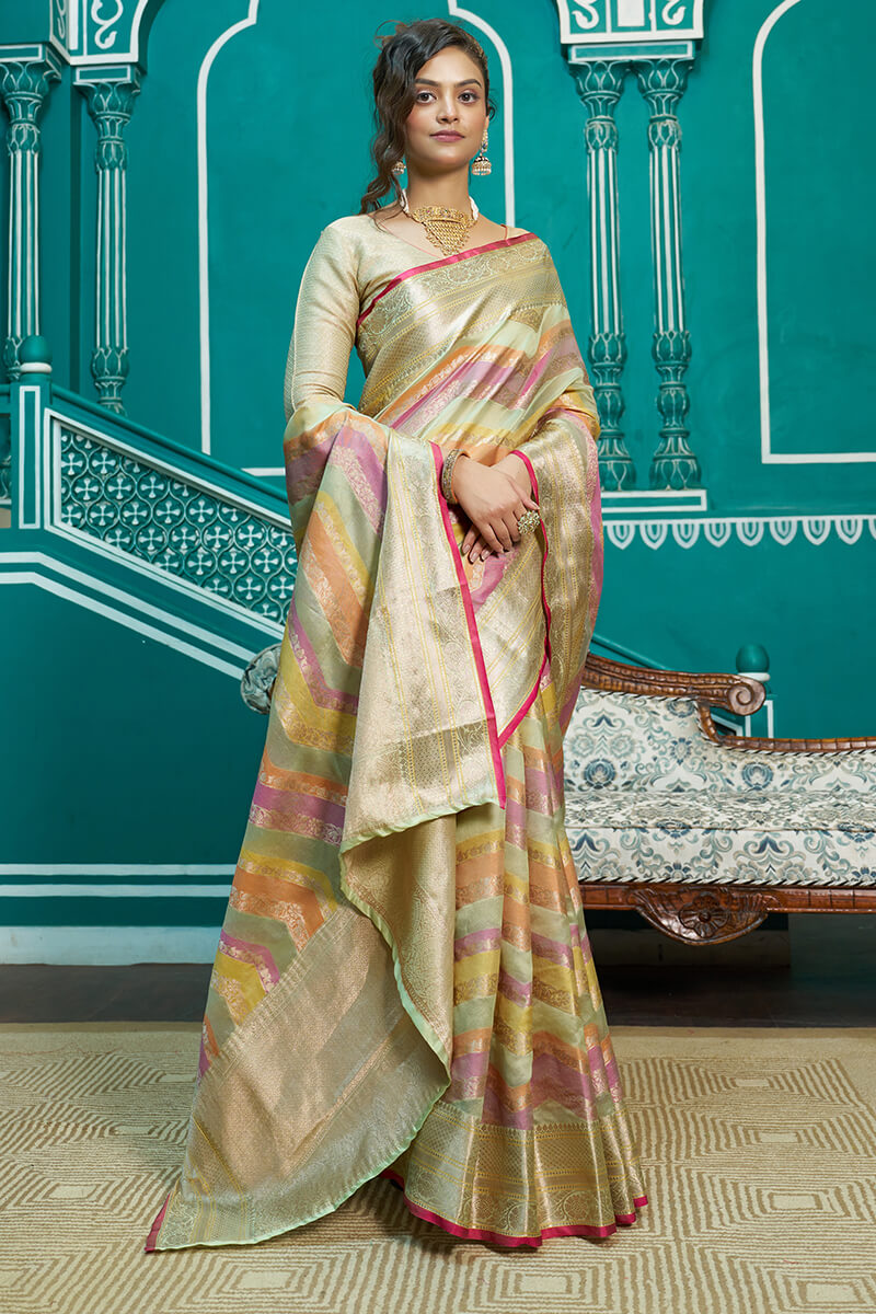 Splendorous Pista Organza Silk Saree With Inspiring Blouse Piece Bvipul