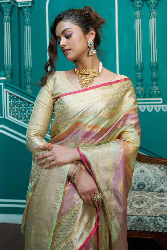 Splendorous Pista Organza Silk Saree With Inspiring Blouse Piece Bvipul