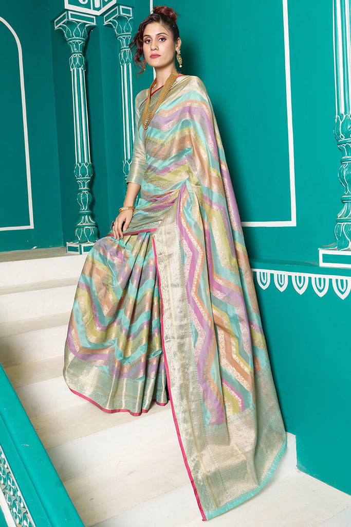 Tempting Sky Organza Silk Saree With Stunner Blouse Piece Bvipul