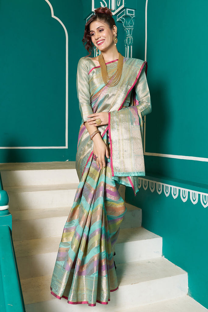 Tempting Sky Organza Silk Saree With Stunner Blouse Piece Bvipul