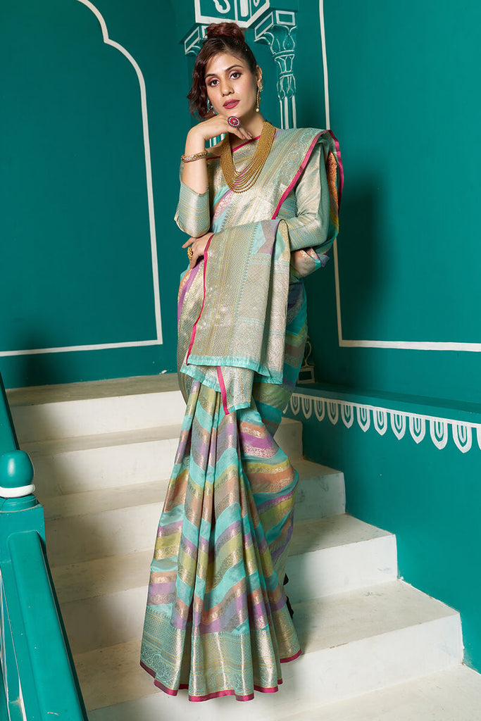 Tempting Sky Organza Silk Saree With Stunner Blouse Piece Bvipul