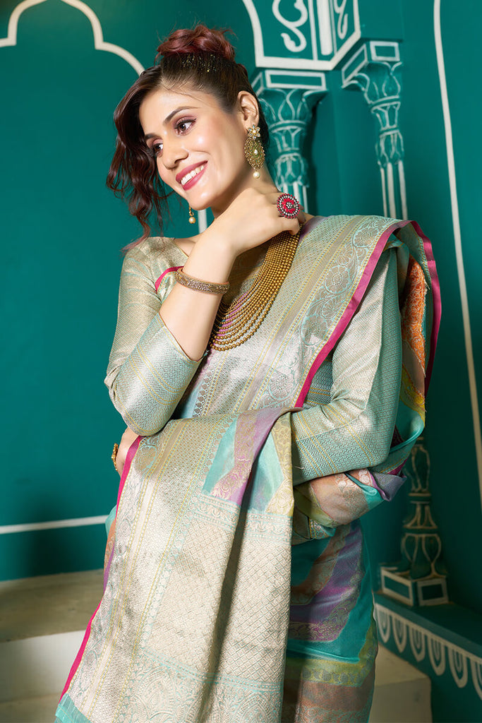 Tempting Sky Organza Silk Saree With Stunner Blouse Piece Bvipul