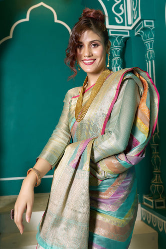 Tempting Sky Organza Silk Saree With Stunner Blouse Piece Bvipul
