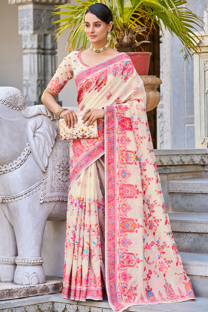 Trendy Beige Pashmina saree With Classy Blouse Piece Bvipul