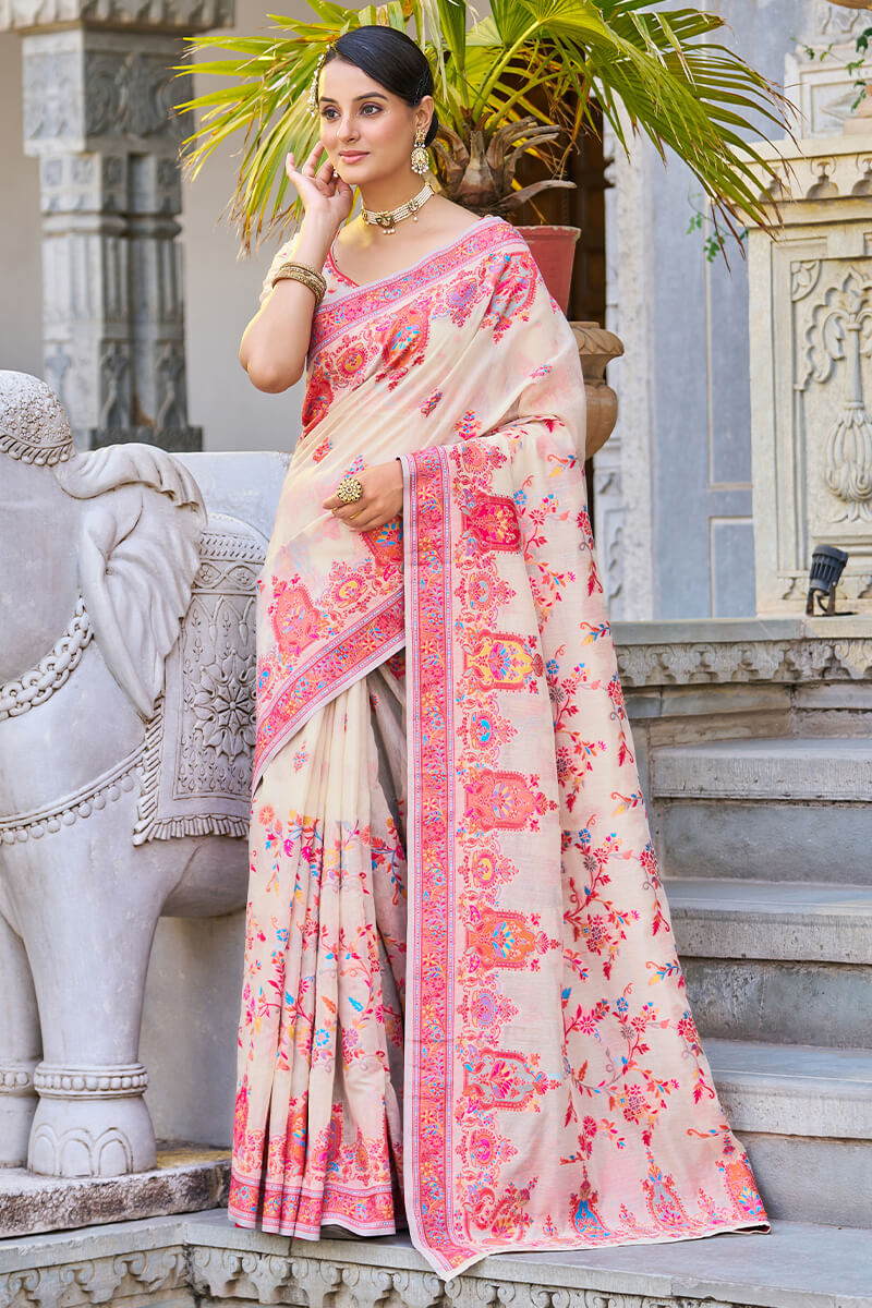 Trendy Beige Pashmina saree With Classy Blouse Piece Bvipul Main image