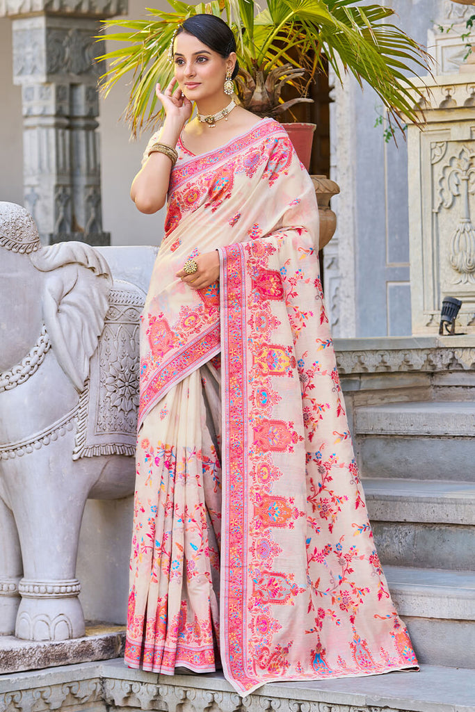 Trendy Beige Pashmina saree With Classy Blouse Piece Bvipul