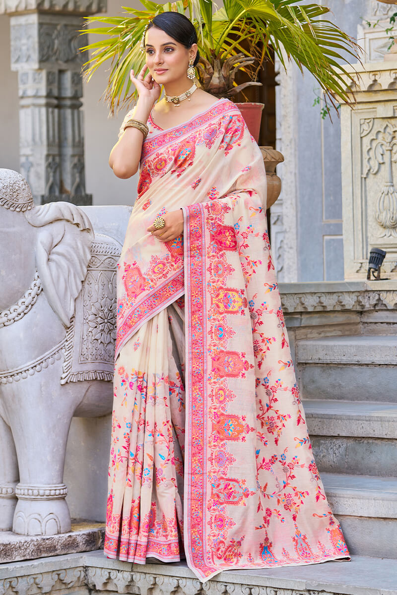 Women's crafted elegance kashmiri pashmina saree with cotton silk base &  paisley border - Jinal & Jinal - 4233145