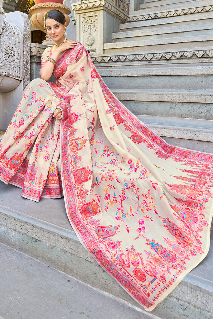 Trendy Beige Pashmina saree With Classy Blouse Piece Bvipul