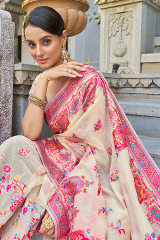 Trendy Beige Pashmina saree With Classy Blouse Piece Bvipul