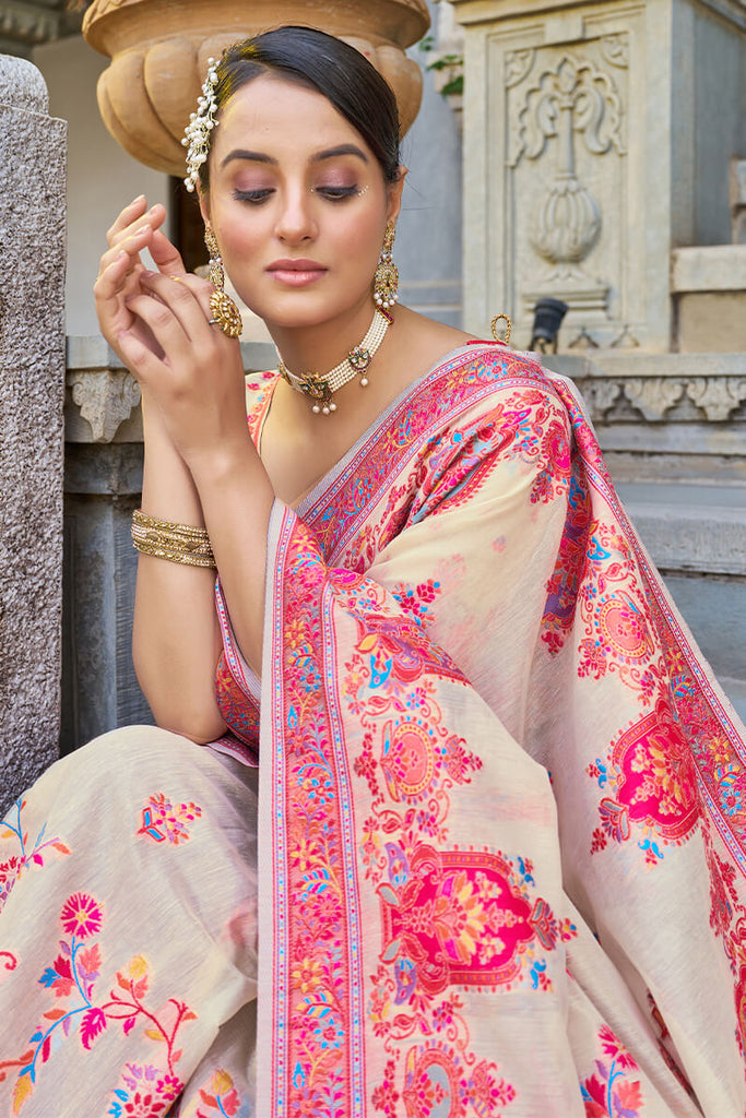 Trendy Beige Pashmina saree With Classy Blouse Piece Bvipul